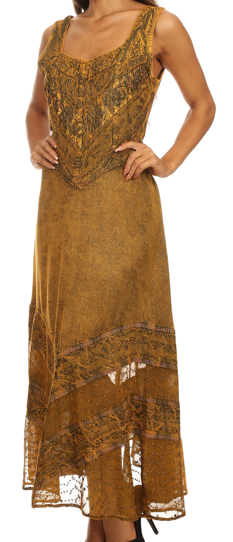 Sakkas Zendaya Stonewashed Rayon Embroidered Floral Vine Sleeveless V-neck Dress
