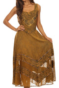 Sakkas Zendaya Stonewashed Rayon Embroidered Floral Vine Sleeveless V-neck Dress#color_Gold
