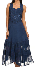 Sakkas Zendaya Stonewashed Rayon Embroidered Floral Vine Sleeveless V-neck Dress#color_Navy