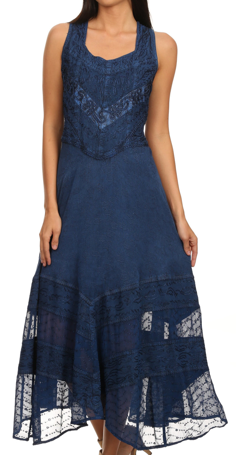 Sakkas Zendaya Stonewashed Rayon Embroidered Floral Vine Sleeveless V-neck Dress