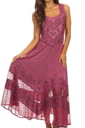 Sakkas Zendaya Stonewashed Rayon Embroidered Floral Vine Sleeveless V-neck Dress#color_Orchid