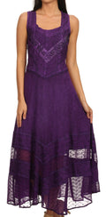 Sakkas Zendaya Stonewashed Rayon Embroidered Floral Vine Sleeveless V-neck Dress#color_Purple