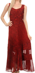 Sakkas Zendaya Stonewashed Rayon Embroidered Floral Vine Sleeveless V-neck Dress#color_Red