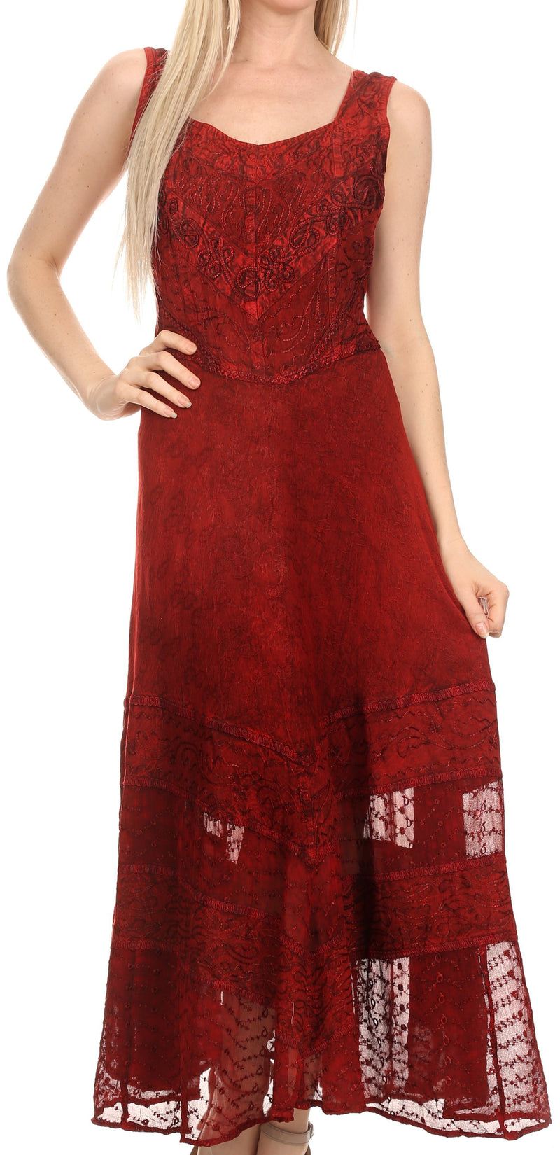 Sakkas Zendaya Stonewashed Rayon Embroidered Floral Vine Sleeveless V-neck Dress