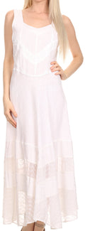 Sakkas Zendaya Stonewashed Rayon Embroidered Floral Vine Sleeveless V-neck Dress#color_White