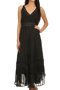 Sakkas Jammeh Stonewashed Embroidery Rayon Adjustable Spaghetti Straps Dress#color_Black