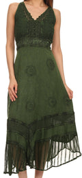 Sakkas Jammeh Stonewashed Embroidery Rayon Adjustable Spaghetti Straps Dress#color_Green