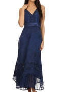 Sakkas Jammeh Stonewashed Embroidery Rayon Adjustable Spaghetti Straps Dress#color_Navy