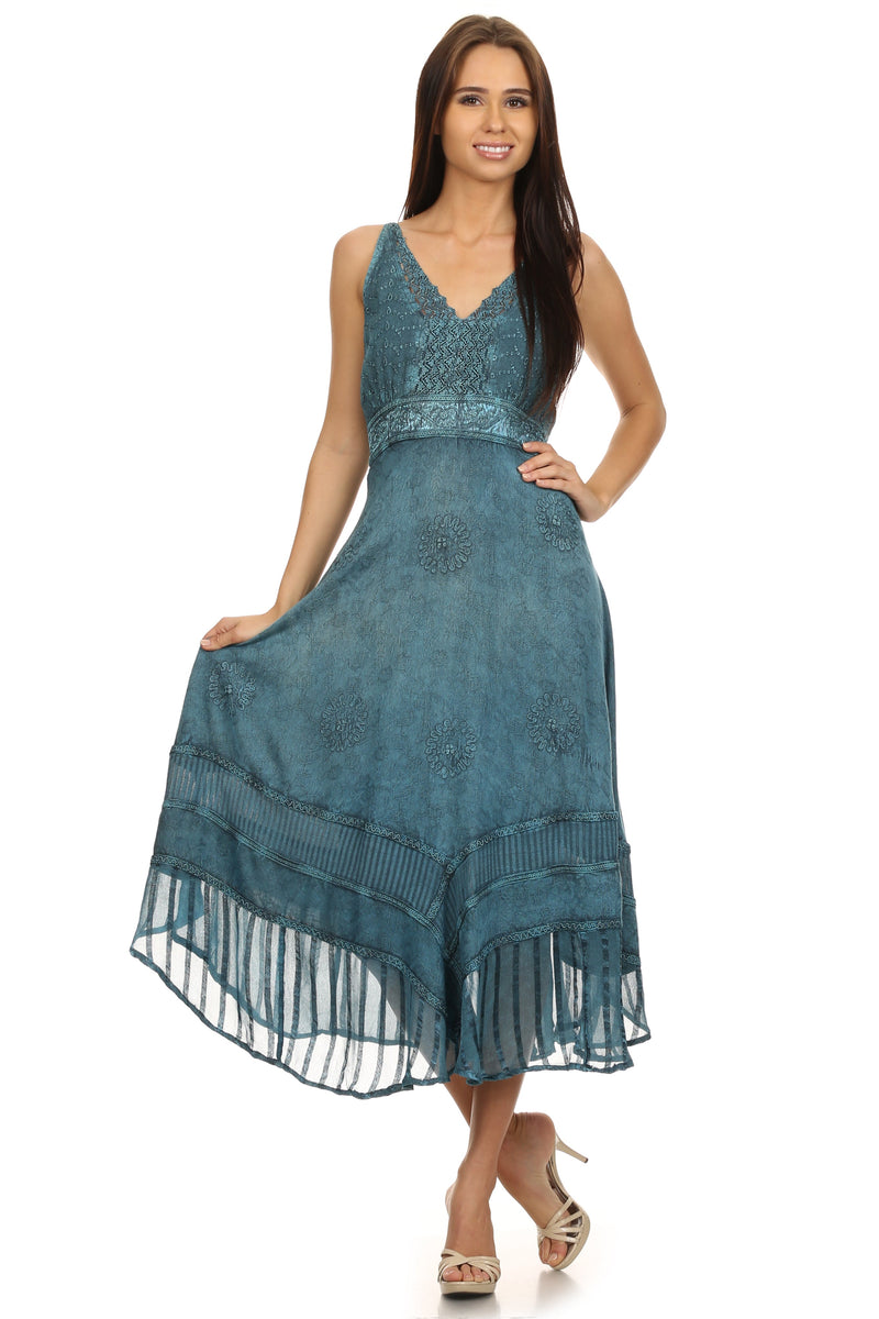 Sakkas Jammeh Stonewashed Embroidery Rayon Adjustable Spaghetti Straps Dress