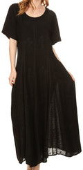 Sakkas Hailey Cap Sleeve Caftan Long Embroidered Stonewashed Dress#color_Black