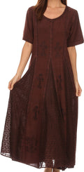 Sakkas Hailey Cap Sleeve Caftan Long Embroidered Stonewashed Dress#color_Chocolate