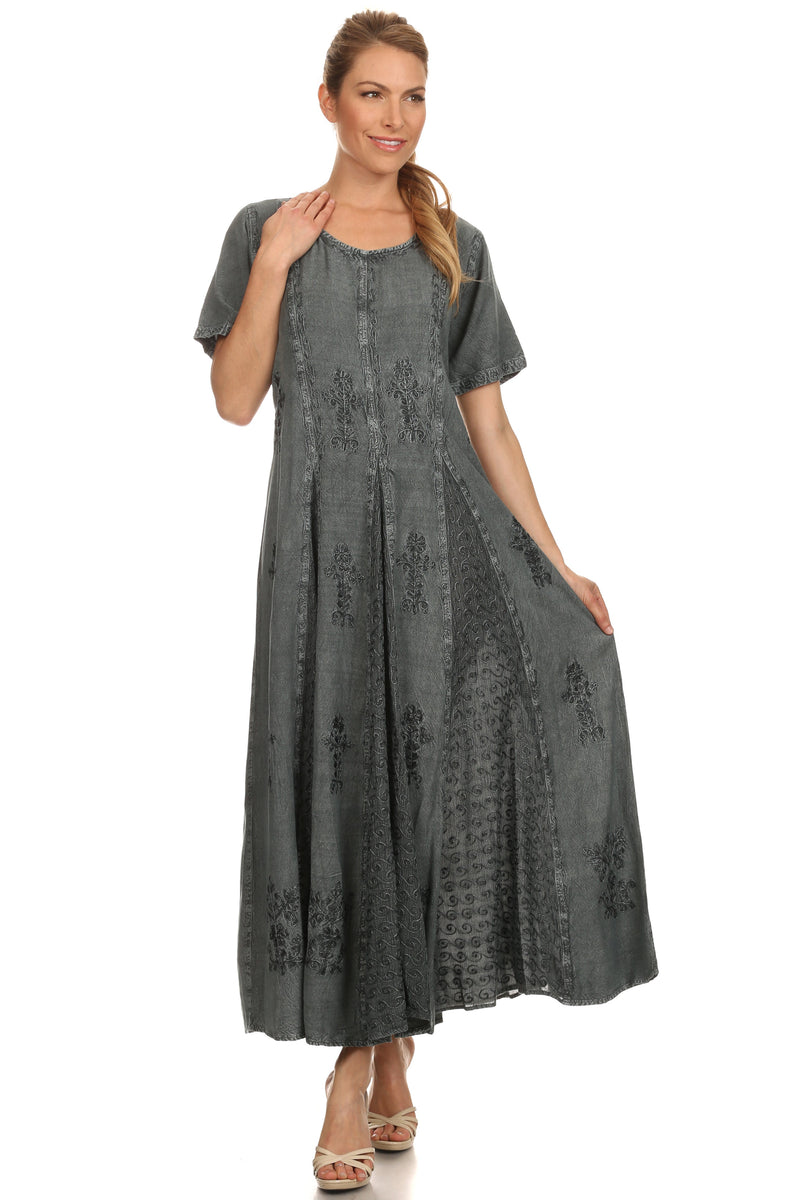 Sakkas Hailey Cap Sleeve Caftan Long Embroidered Stonewashed Dress