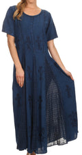 Sakkas Hailey Cap Sleeve Caftan Long Embroidered Stonewashed Dress#color_Navy