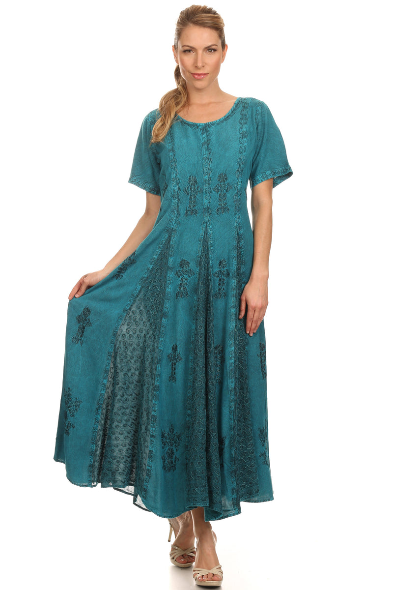 Sakkas Hailey Cap Sleeve Caftan Long Embroidered Stonewashed Dress
