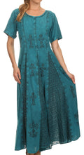 Sakkas Hailey Cap Sleeve Caftan Long Embroidered Stonewashed Dress#color_Turquoise