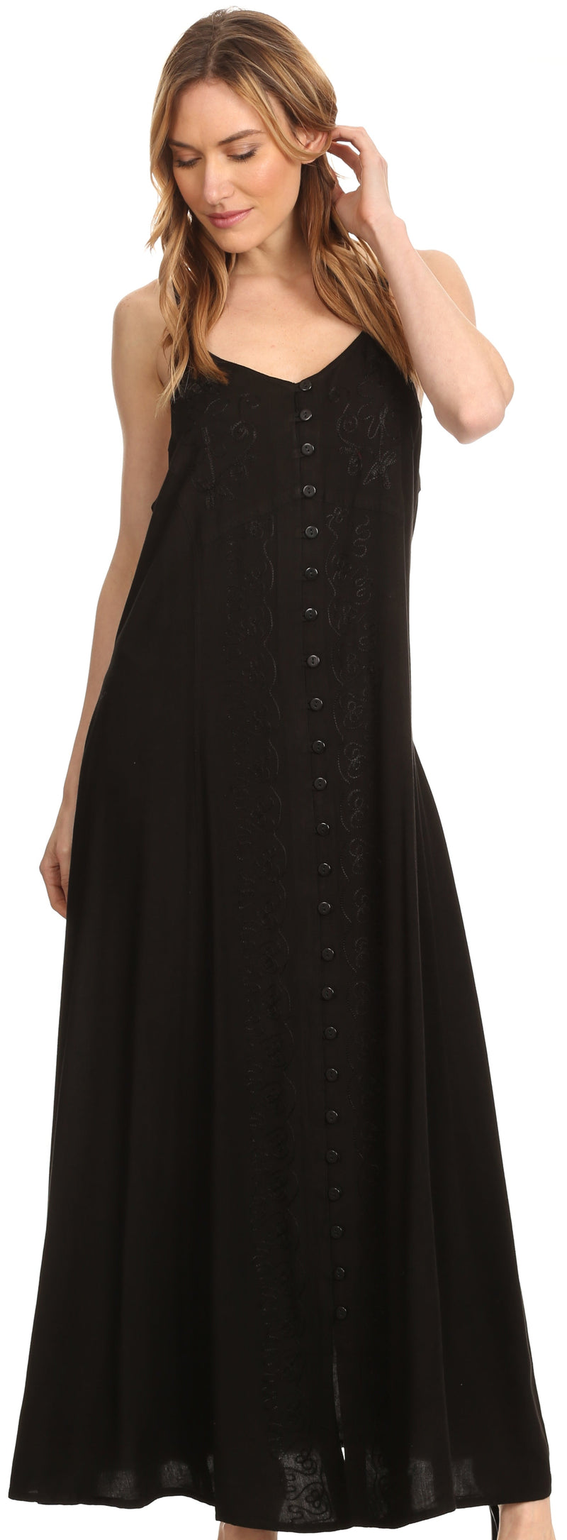 Sakkas Aisley Floral Embroidered Sleeveless Adjustable Strap Button Up Dress