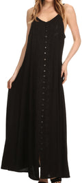 Sakkas Aisley Floral Embroidered Sleeveless Adjustable Strap Button Up Dress#color_Black