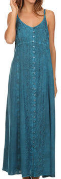 Sakkas Aisley Floral Embroidered Sleeveless Adjustable Strap Button Up Dress#color_Turquoise