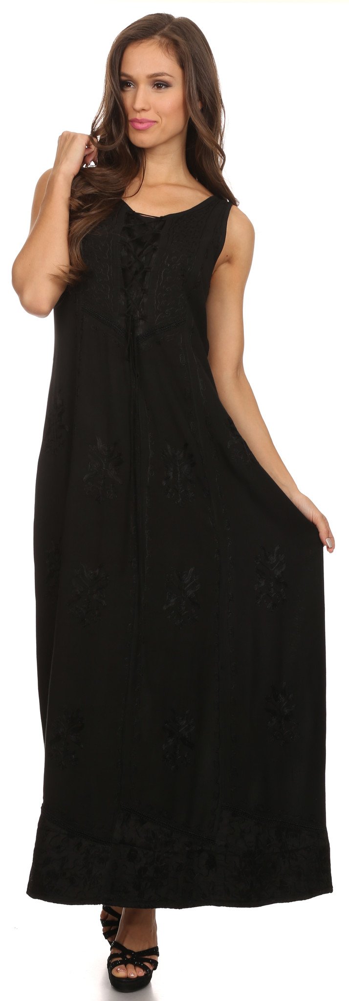 Sakkas Stella Long Tank Top Adjustable Caftan Corset Dress With Embroidery