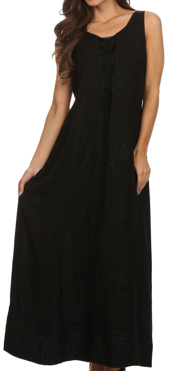 Sakkas Stella Long Tank Top Adjustable Caftan Corset Dress With Embroidery#color_Black