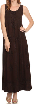 Sakkas Stella Long Tank Top Adjustable Caftan Corset Dress With Embroidery#color_Chocolate