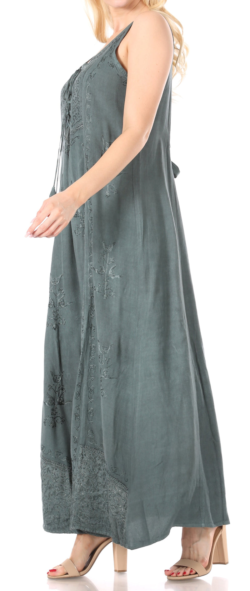Sakkas Stella Long Tank Top Adjustable Caftan Corset Dress With Embroidery
