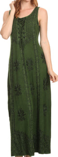 Sakkas Stella Long Tank Top Adjustable Caftan Corset Dress With Embroidery#color_Green
