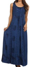 Sakkas Stella Long Tank Top Adjustable Caftan Corset Dress With Embroidery#color_Navy