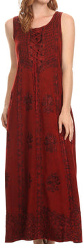 Sakkas Stella Long Tank Top Adjustable Caftan Corset Dress With Embroidery#color_Red