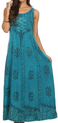 Sakkas Stella Long Tank Top Adjustable Caftan Corset Dress With Embroidery#color_Turquoise