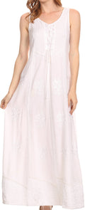 Sakkas Stella Long Tank Top Adjustable Caftan Corset Dress With Embroidery#color_White