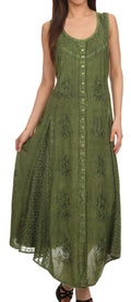 Sakkas Beverlee Embroidered Button Down Sleeveless Caftan Dress#color_Green