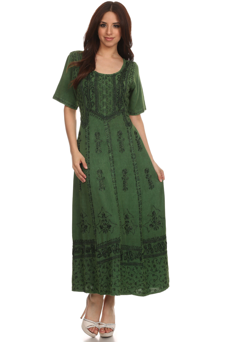 Sakkas Dannee Adjustable Cap Sleeve Caftan Long Embroidered Stonewashed Dress