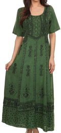 Sakkas Dannee Adjustable Cap Sleeve Caftan Long Embroidered Stonewashed Dress#color_Green