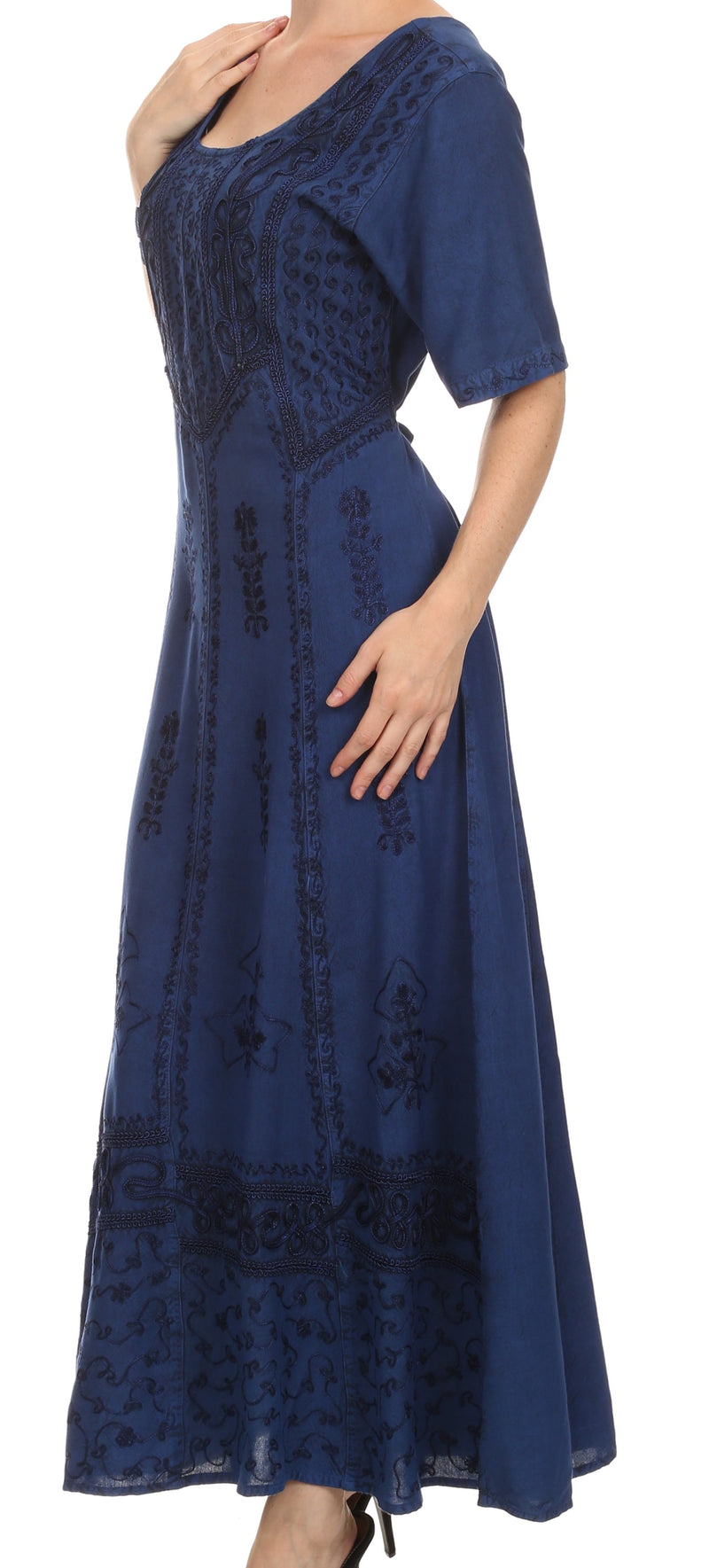 Sakkas Dannee Adjustable Cap Sleeve Caftan Long Embroidered Stonewashed Dress