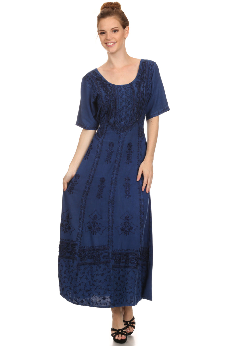 Sakkas Dannee Adjustable Cap Sleeve Caftan Long Embroidered Stonewashed Dress