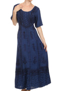 Sakkas Dannee Adjustable Cap Sleeve Caftan Long Embroidered Stonewashed Dress#color_Navy