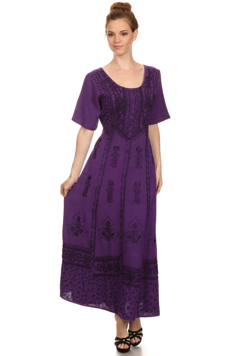 Sakkas Dannee Adjustable Cap Sleeve Caftan Long Embroidered Stonewashed Dress