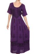 Sakkas Dannee Adjustable Cap Sleeve Caftan Long Embroidered Stonewashed Dress#color_Purple
