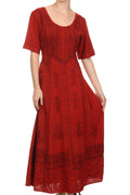 Sakkas Dannee Adjustable Cap Sleeve Caftan Long Embroidered Stonewashed Dress#color_Red