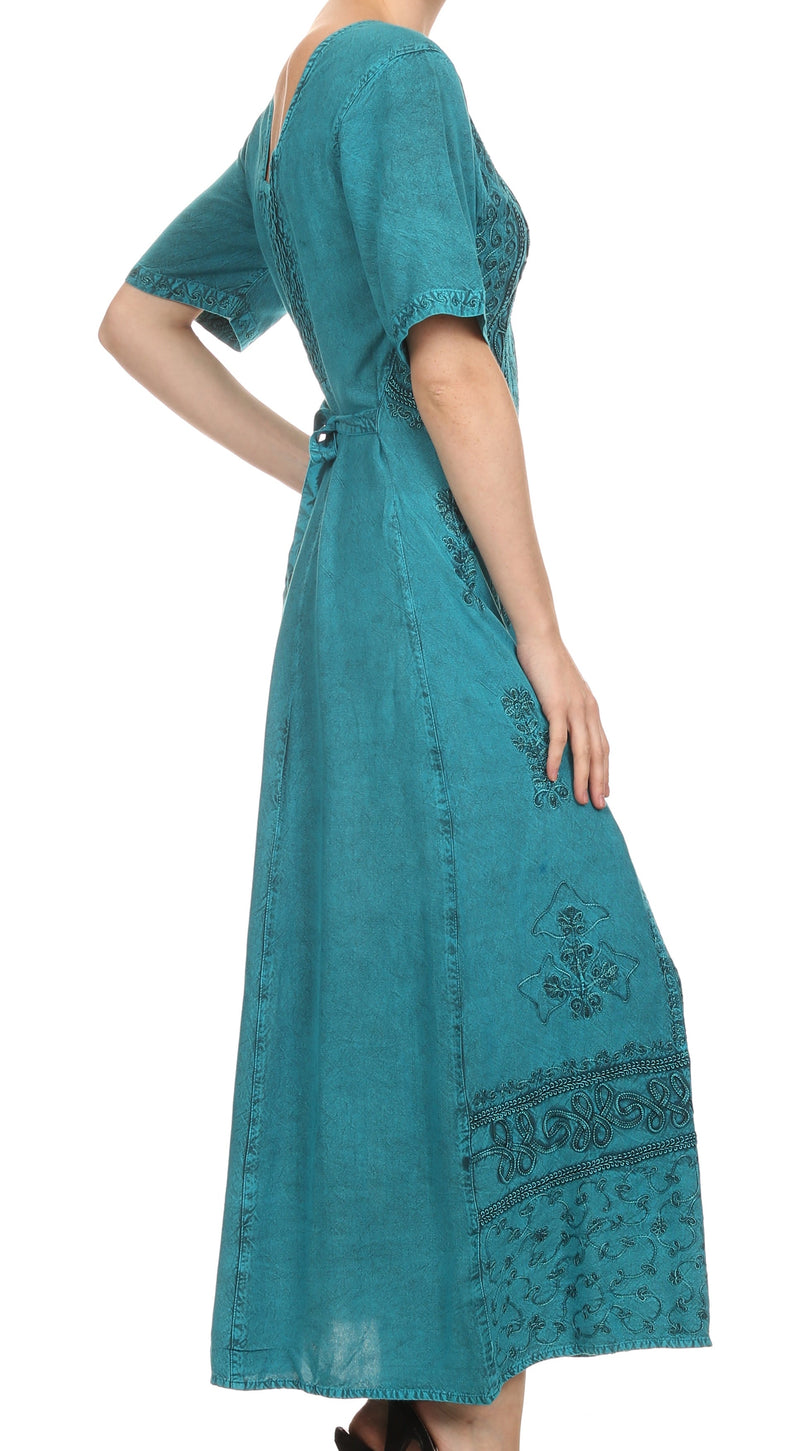 Sakkas Dannee Adjustable Cap Sleeve Caftan Long Embroidered Stonewashed Dress