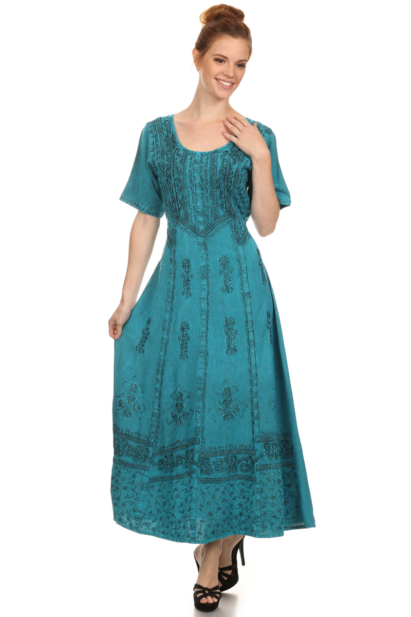 Sakkas Dannee Adjustable Cap Sleeve Caftan Long Embroidered Stonewashed Dress