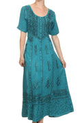 Sakkas Dannee Adjustable Cap Sleeve Caftan Long Embroidered Stonewashed Dress#color_Turquoise