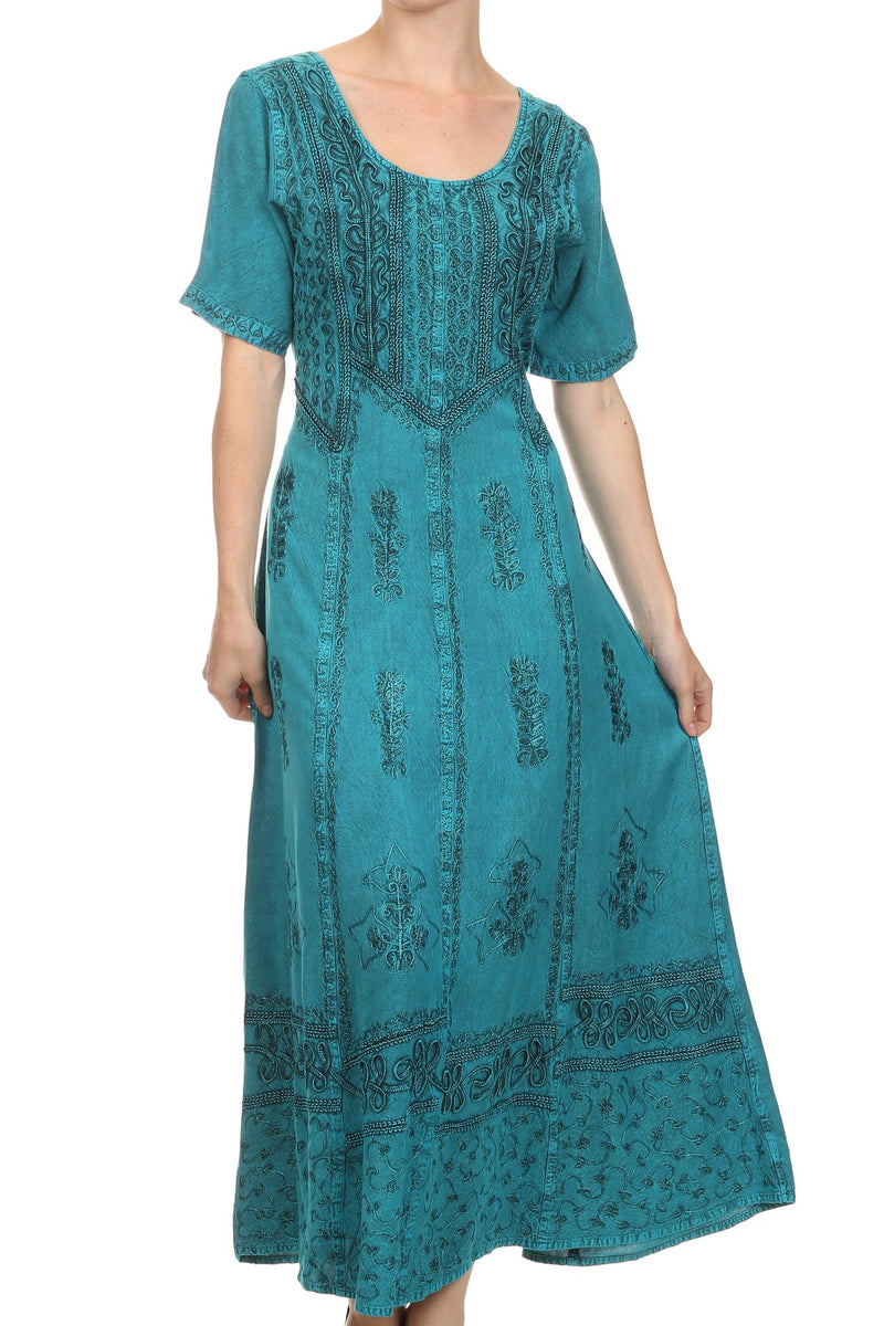 Sakkas Dannee Adjustable Cap Sleeve Caftan Long Embroidered Stonewashed Dress