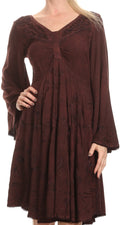 Sakkas Addyson Drop Neck Long Sleeve Embroidered Boho Dress#color_Chocolate