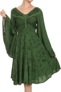 Sakkas Addyson Drop Neck Long Sleeve Embroidered Boho Dress#color_ Green