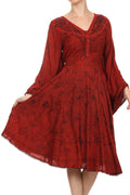 Sakkas Addyson Drop Neck Long Sleeve Embroidered Boho Dress#color_Red