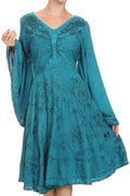 Sakkas Addyson Drop Neck Long Sleeve Embroidered Boho Dress#color_Turquoise