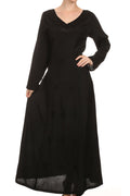 Sakkas Lilybell Embroidered Bell Long Sleeve V-Neck Adjustable Caftan Dress#color_Black