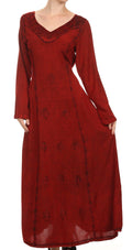 Sakkas Lilybell Embroidered Bell Long Sleeve V-Neck Adjustable Caftan Dress#color_Red